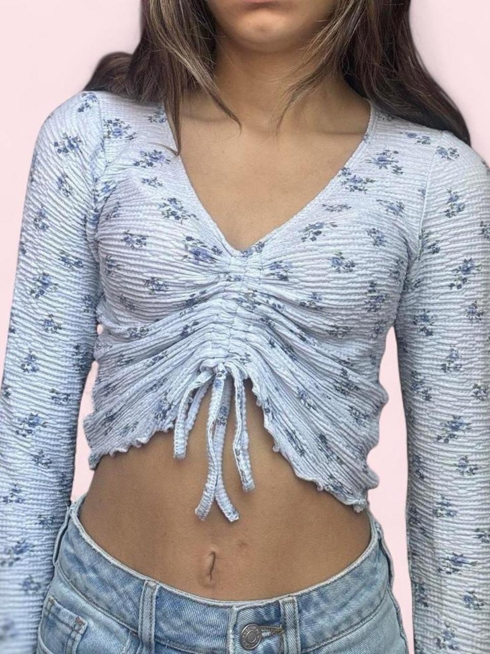 Hollister Blue Floral Adjustable Long Sleeve Top